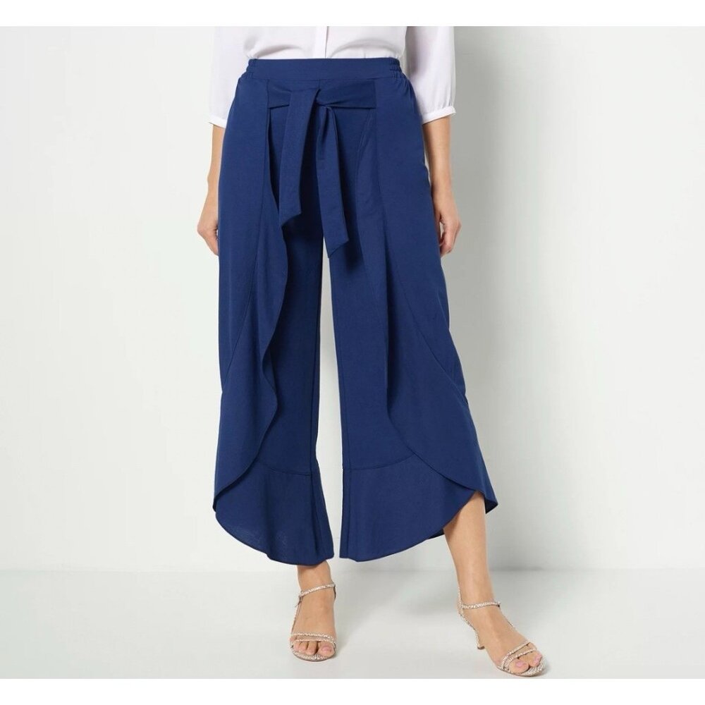 Truth + Style Flounced Stretch Woven Pants Size L Navy Wide Leg A491568